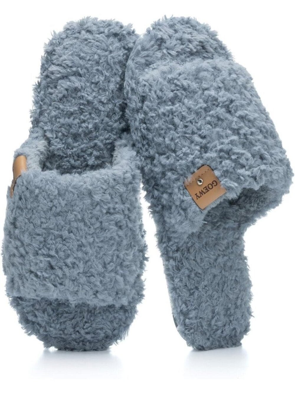 Women's Blue Memory Foam Open Toe Soft Faux Fur Non Slip Washable Slippers